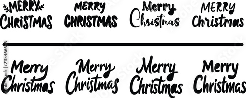 Set of eight different hand drawn merry christmas text letterings in black ink for holiday designs