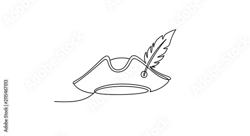 Foto Tricorn hat with feather, one line drawing, minimalist, historical headwear