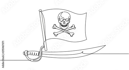 Фотография Pirate flag with skull and crossbones and cutlass sword, one line drawing