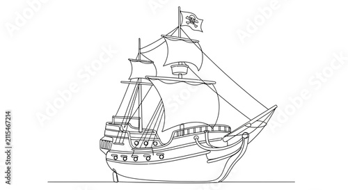 Bild auf Leinwand Hand-drawn sketch of a majestic sailing ship with billowing sails and pirate flag, isolated on white background