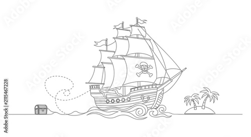 фотографія Pirate Ship Sailing with Treasure Chest and Tropical Island