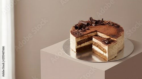 Tiramisu cake with a slice removed realistic food photography on a metallic stand in a chocolate plain background