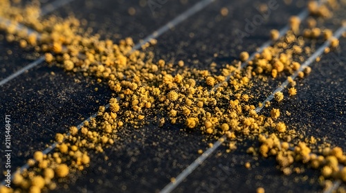 Yellow spring pollen dust covering surface of modern renewable energy solar cell collector