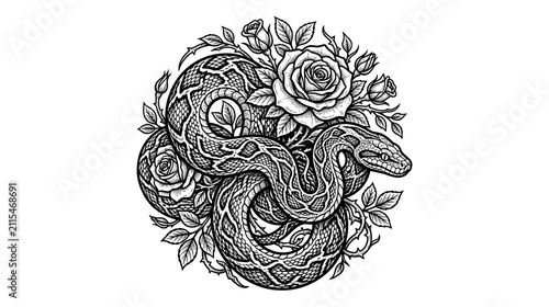 Картината върху платно Serpentine coils entwined with blooming roses, intricate line art
