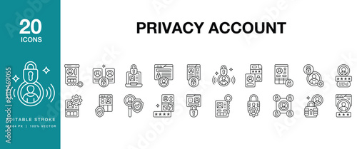 Privacy Account icon set. Includes privacy, account, security, protection, access and More. Editable Stroke Icon Collection.
