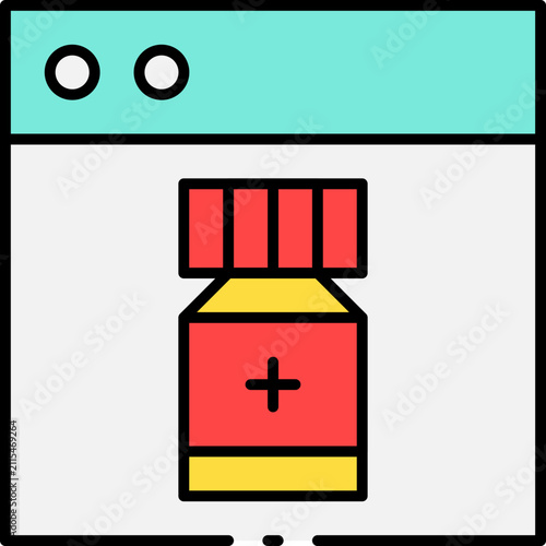 Icon featuring a medicine bottle within a web browser, representing online pharmacy services and digital access to medication for convenient modern healthcare management