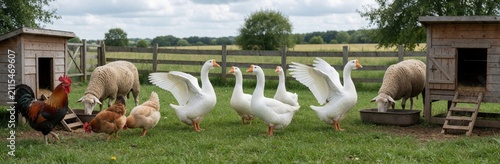 Group of white geese, brown chickens walk on green grass in yard. Farm animals graze near wooden houses in pasture area. Fluffy sheep eat food from trough. Rural summer landscape shows organic