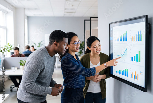 Diverse business team reviewing a data analytics dashboard together on a large office screen