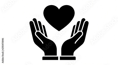 ​A minimalist black and white icon featuring a pair of open hands gently holding or cupping a heart symbol, representing care, love, charity, and support.