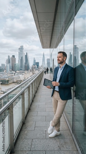 Professional businessman holding tablet on city bridge with skyline behind