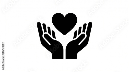 
​A minimal black and white vector icon featuring two open hands gently cupping a floating heart, symbolizing care, love, charity, support, and protection.