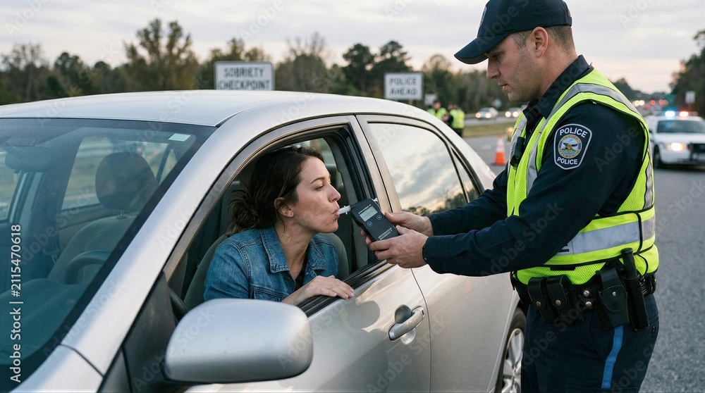 Obraz premium Police officer conducts breathalyzer test on driver at highway sobriety checkpoint at dusk