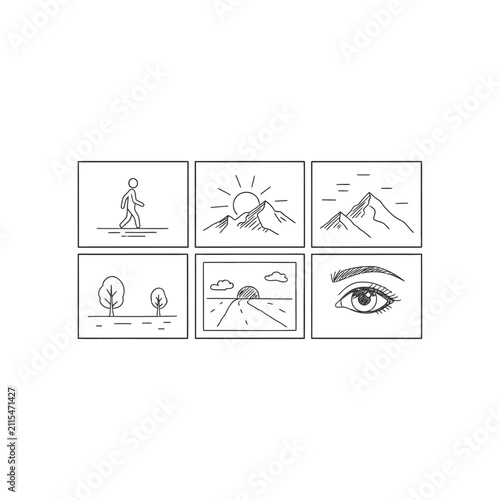 Collection of Minimalist Line Art Icons Depicting Various Nature Landscapes Human Figures and Human Anatomy Features for Creative Design Projects