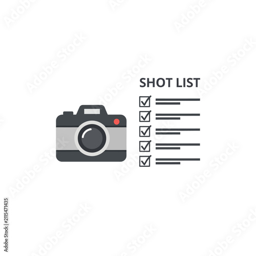Photography shot list graphic illustrating pre-production planning for a successful creative project using a camera and checklist for tasks