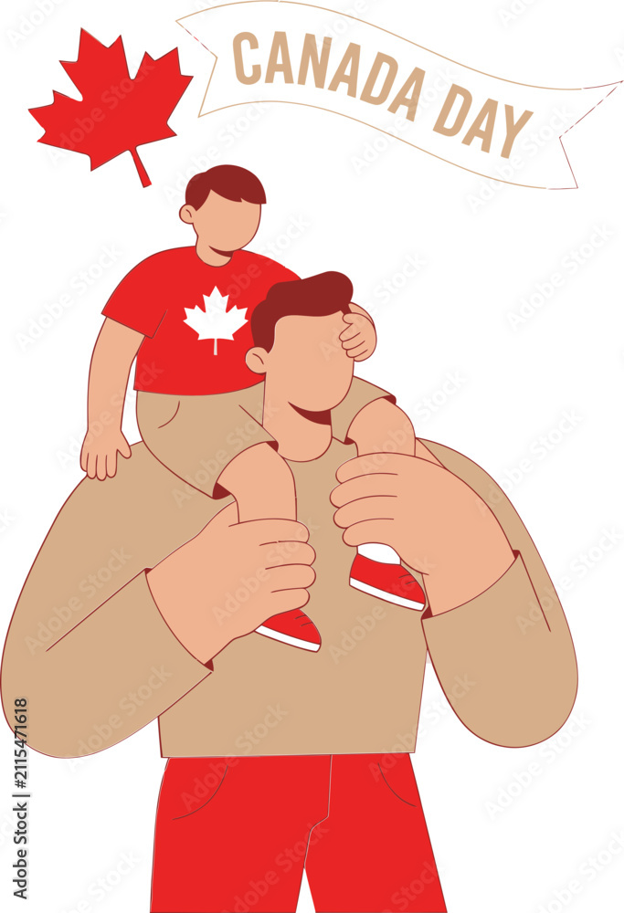 Obraz premium Happy Canada Day illustration with father carrying son on shoulders