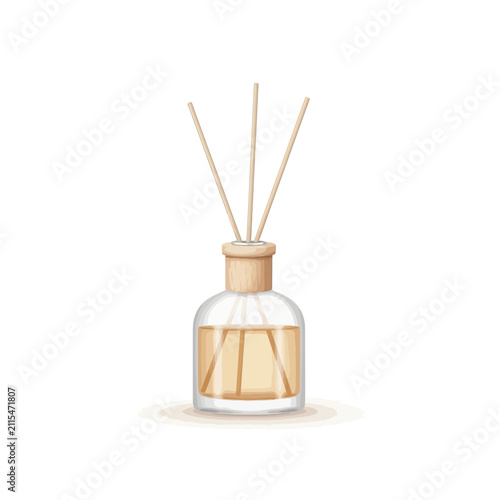 Vector illustration of an aroma reed diffuser with essential oils and wooden sticks for home fragrance and aromatherapy. Isolated on a white background