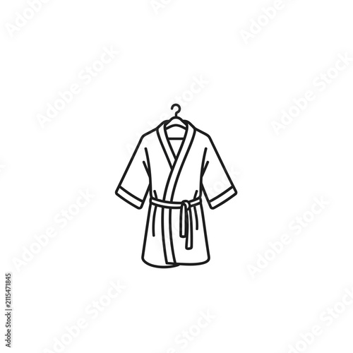 Minimalist line art icon of a bathrobe hanging on a hanger, symbol of spa, hotel luxury, and relaxation