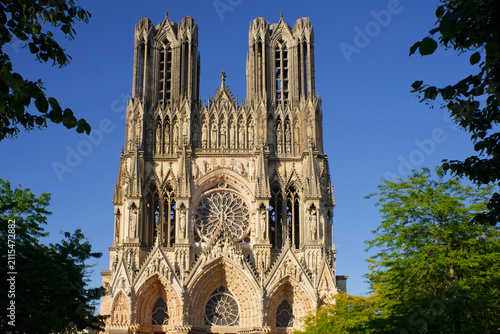Принти на полотні Facade of the famous cathedral of Reims in France surrounded by trees at the end of the day