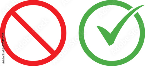 Red forbidden sign and green check mark icon set for business task completion and correct choice isolated on a white background
