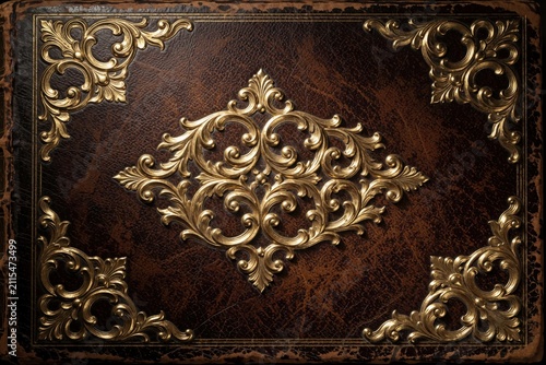 Old brown leather book cover with gold embossed filigree pattern. Antique library tome features ornate metal decoration with classic baroque style. Luxury vintage design shows historic craft details