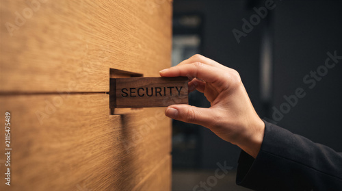 A hand inserting a wooden block labeled security into a slot in a wooden wall, symbolizing the concept of building or strengthening security