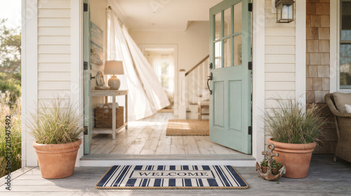 Inviting coastal home entrance with a light blue door, striped welcome mat, and potted plants on a wooden porch, bright interior view