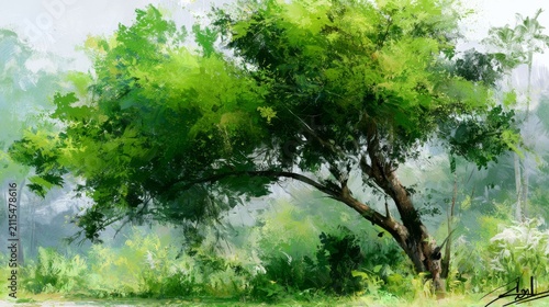 Lush Green Tree in a Serene Natural Landscape Evoking Tranquility and Harmony with Nature's Beauty and Soft Light Filtering Through the Leaves