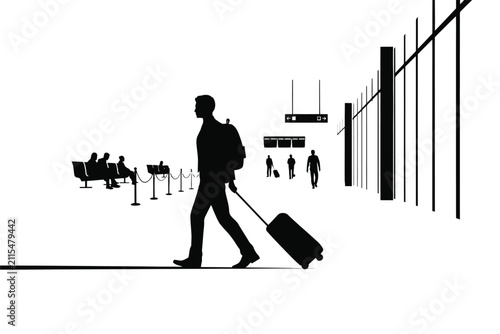 Принти на полотні Traveler With Rolling Luggage Silhouette Against White Background
