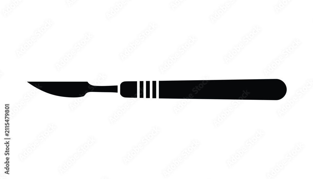 Fototapeta premium Surgical scalpel medical instrument black silhouette icon representing surgery, incision, and medical care.