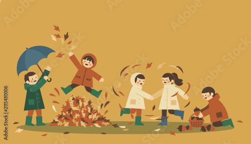 Happy children playing outdoors in autumn season with colorful leaves, acorns, and umbrellas on a warm background.
