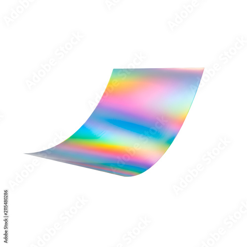 Floating Curved Holographic Foil Sheet with Iridescent Gradient Texture Isolated on Transparent Background