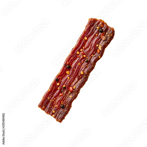 Delicious Spicy Beef Jerky Strip with Black Peppercorns and Chili Flakes Isolated on Transparent Background