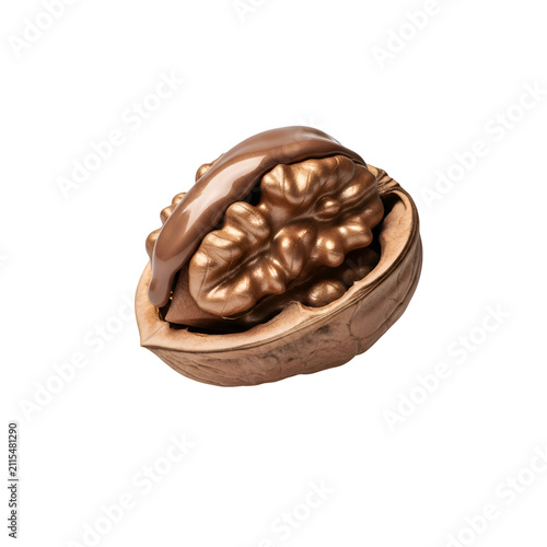 Gourmet walnut in half shell covered with melting liquid chocolate sauce on transparent background