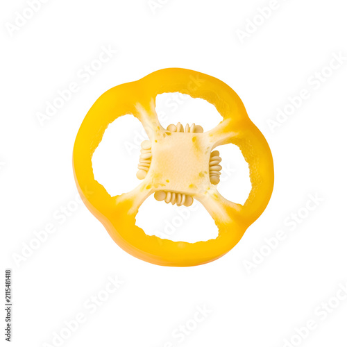 Top View of Fresh Yellow Bell Pepper Slice with Seeds Isolated on Transparent Background, Macro Food Art