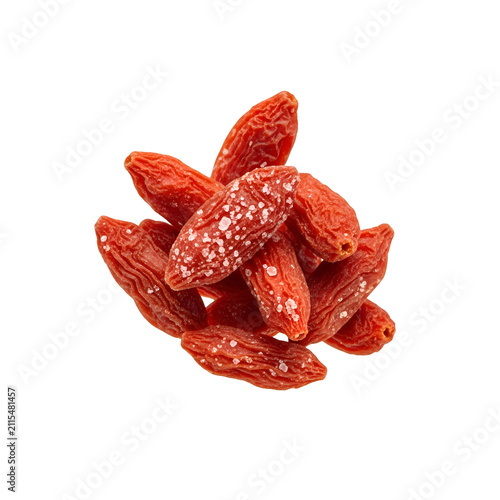 Pile of premium dried goji berries with sugar crystals isolated on a solid transparent background, top view