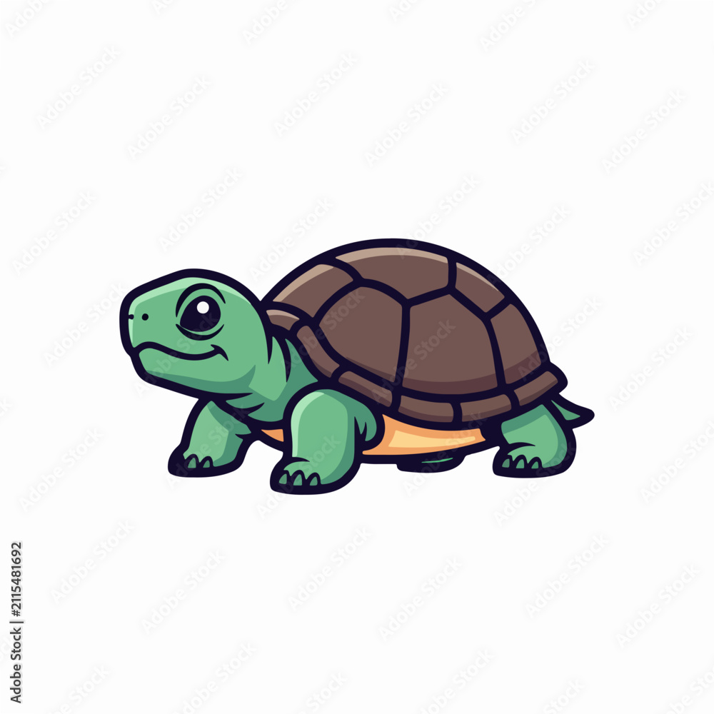 Obraz premium Cute green cartoon turtle with a brown shell isolated on a white background.