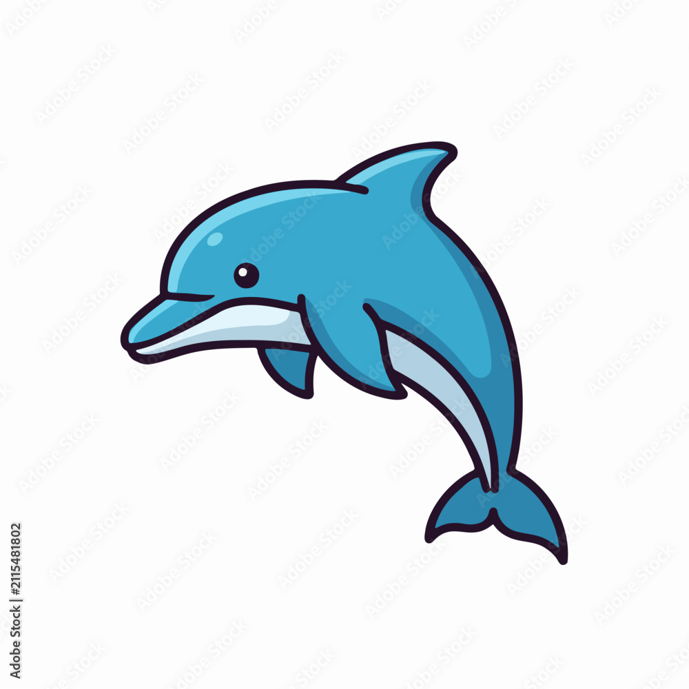 Fototapeta premium Blue cartoon dolphin illustration jumping on white background.