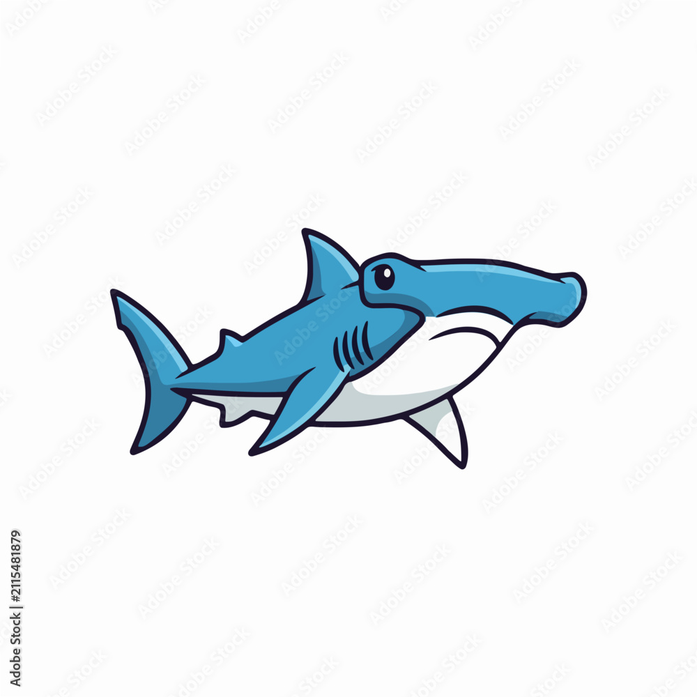 Fototapeta premium Cute cartoon hammerhead shark illustration isolated on a white background.
