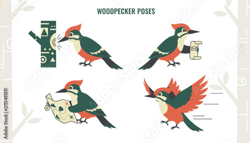 Cute woodpecker character in different active poses pecking a tree, holding a message, reading a map, and flying in the forest.