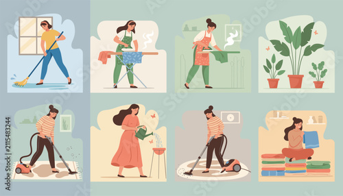 Housework chores collection showing women cleaning, sweeping, vacuuming, ironing, watering plants, and folding laundry.