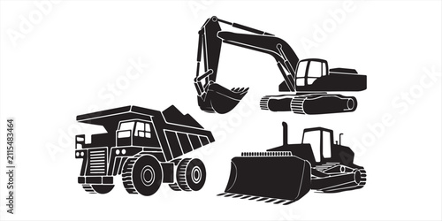 Obraz na plátne Heavy Mining Equipment and Construction Machinery Vector Icon Set Featuring Haul