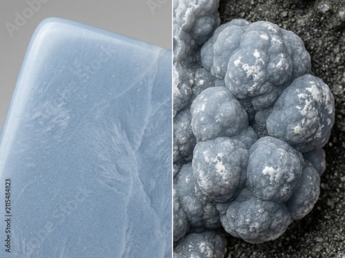 Diptych comparison of polished blue angelite cabochon and rough botryoidal mineral