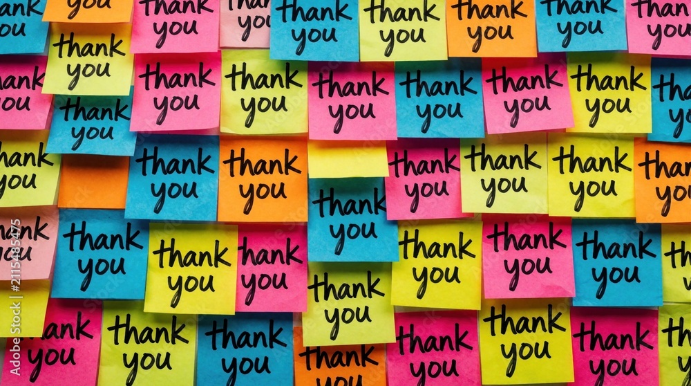 Obraz premium Wall covered with many colorful sticky notes. Each note displays thank you message in black ink. Diverse and vibrant paper collage expressing gratitude and appreciation.