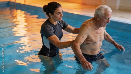 Female aquatic physical therapist assisting senior man in pool rehabilitation. Professional hydrotherapy session for mobility recovery and pain rel...