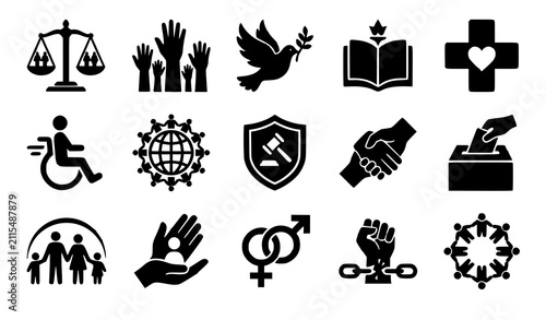 Bundle of Fifteen Human Rights Silhouette Icons with Equality Freedom Justice Humanitarian Support and Civil Society Vector Collection