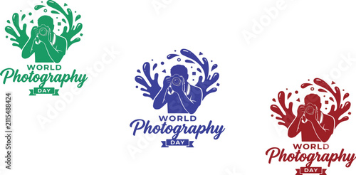 World Photography Day 2026 Silhouette Photographer Camera Logo Vector Set with Colorful Splash Design Isolated on White Background