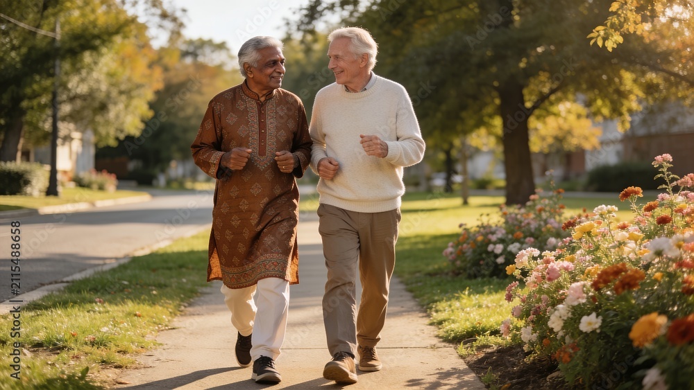 Fototapeta premium Senior men walking together in a park. Happy elderly friends exercising outdoors.