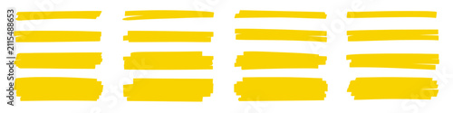 Marker highlight text line set. Hand drawn marker highlight text line yellow stroke brush pen underline. Paper banner frame watercolor sharpie memo background. Vector illustration