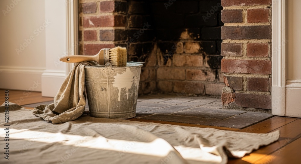 Obraz premium Warm interior scene with limewash bucket brush and drop cloth beside original brick fireplace ready for restoration work to begin.