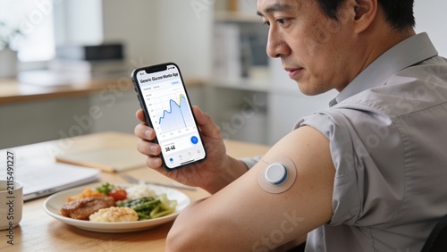 Asian man checking glucose levels on smartphone. Patient monitoring blood sugar with sensor.